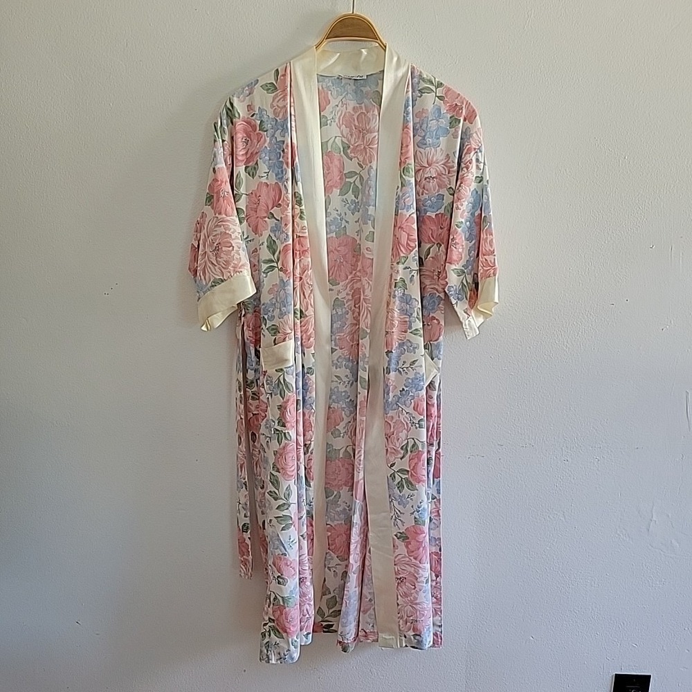 Say‎ Lu Robe Vintage 80s Floral Midi Length Belted Wrap Dressing Gown Satin Trim